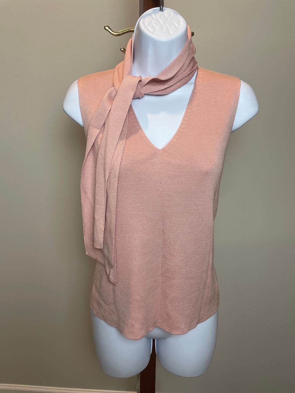 Ann Taylor Silk Tie Mock Neck Sleeveless Top Size M Pink Silk